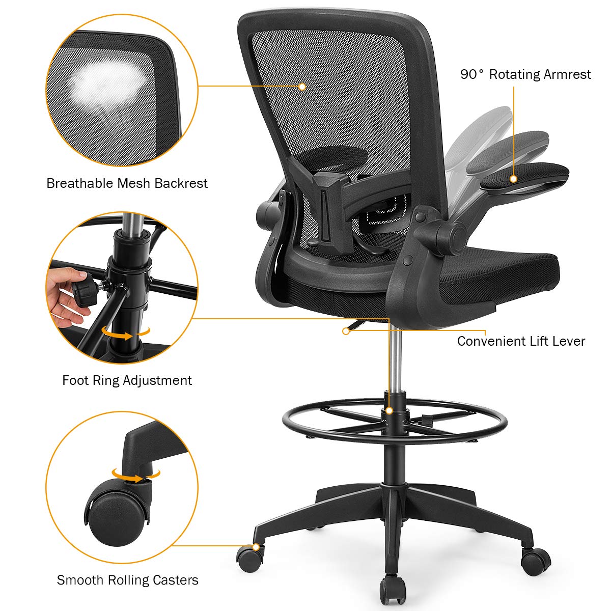 Giantex Adjustable Drafting Chair, 360° Swivel Designed Mesh Fabric Chair, Executive Chair for Working Studying Gaming