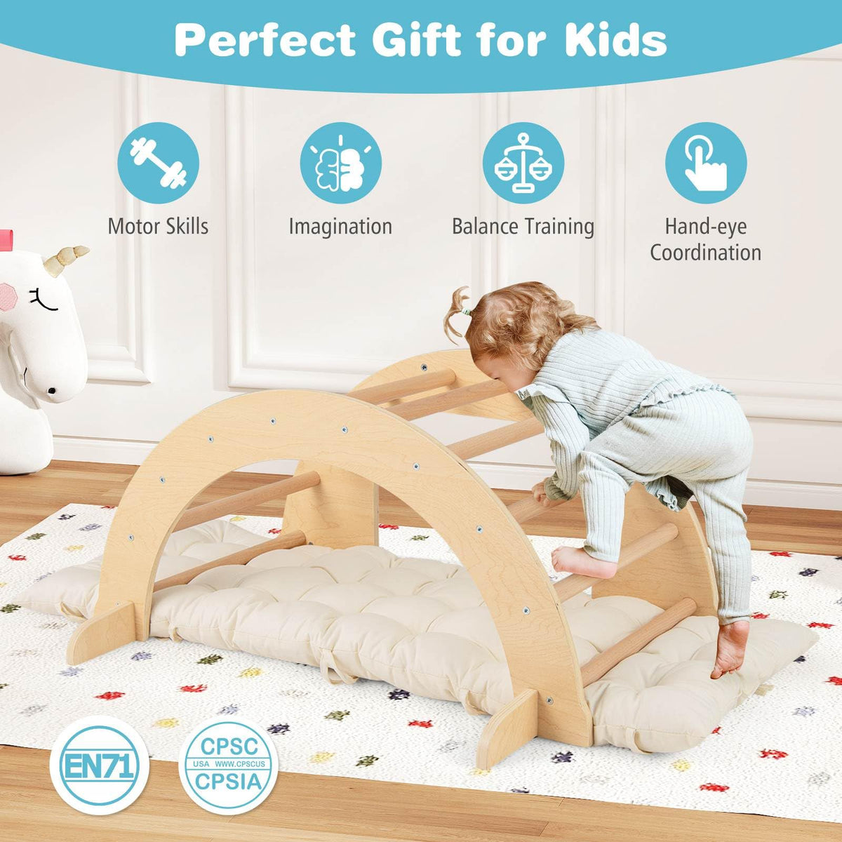 6 in 1 Kids Climbing Arch Playset, Indoor Wooden Climbing Toy Rocker Chair w/Removable Cushion & Stoppers