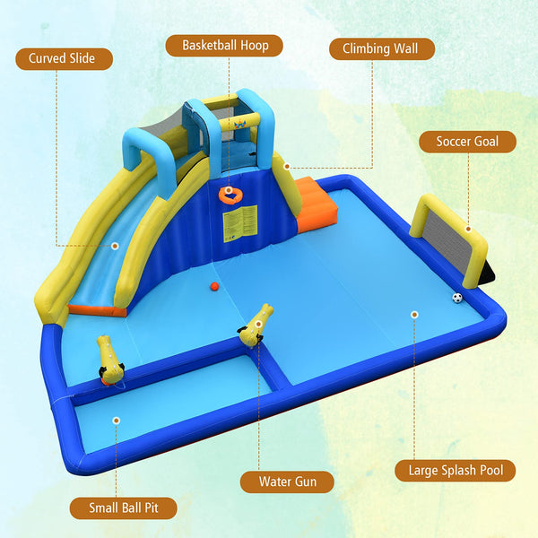 Inflatable Water Slide for Kids, 6-in-1 Kids Giant Water Park w/Large Water Soccer Splash Pool, Water Cannons