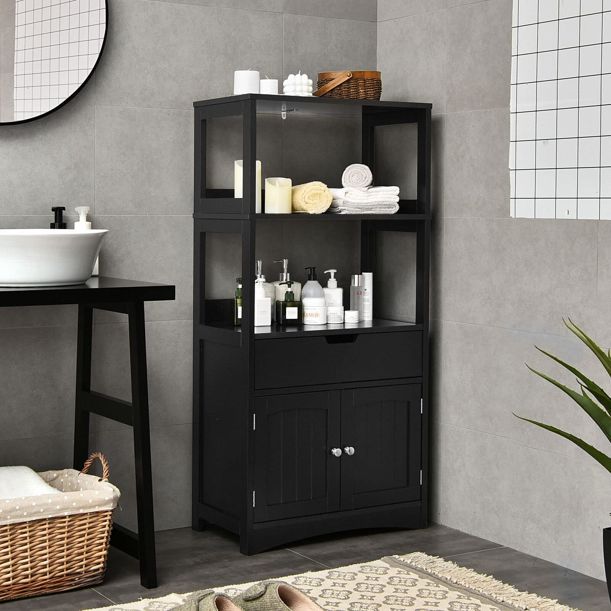 Giantex Floor Storage Cabinet, Freestanding Organizer, Kitchen Pantry Holder w/Anti-Toppling Mechanism, Wooden Entryway Sideboard