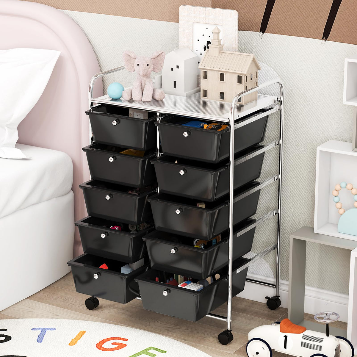 Giantex 10-Drawer Storage Cart w/Universal Wheels, Rolling Cart w/Handles, Mobile Organizer Unit w/Removable Drawers