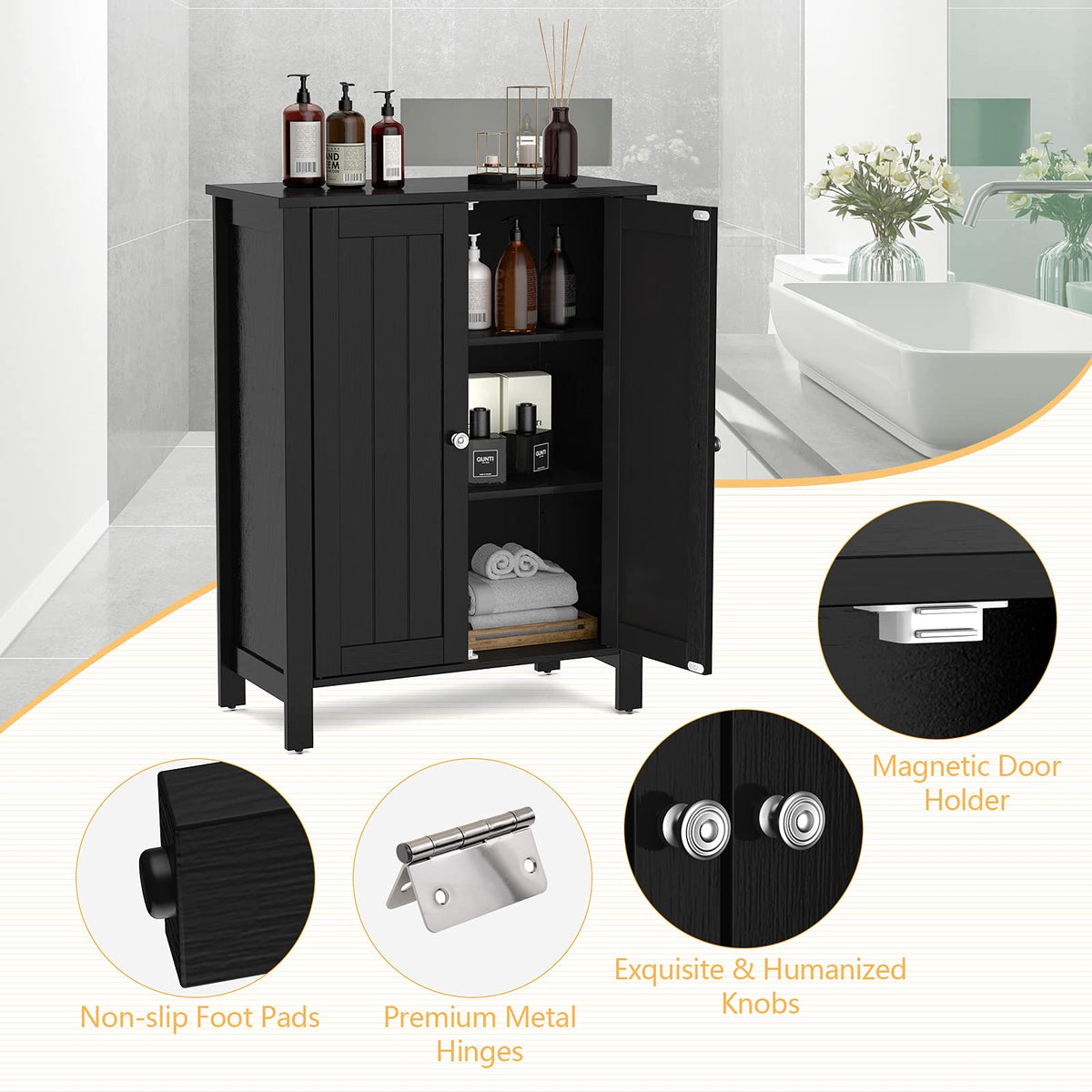 Giantex Bathroom Floor Storage Cabinet, Free Standing Storage Organizer, with Double Door, Adjustable Shelf