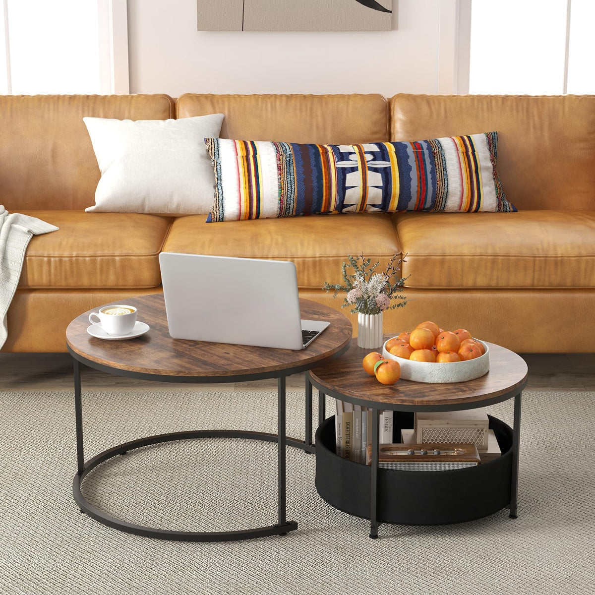 Giantex Round Coffee Table Set of 2, 80cm & 60cm Circle Cocktail Table with Fabric Storage Basket & Metal Frame