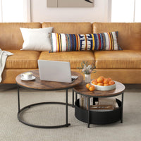 Giantex Round Coffee Table Set of 2, 80cm & 60cm Circle Cocktail Table with Fabric Storage Basket & Metal Frame