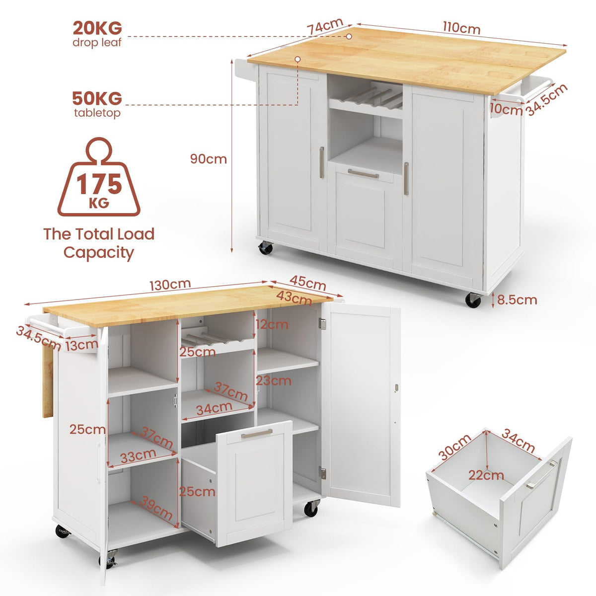 Rolling Kitchen Island Cart, Large Kitchen Island w/Drop-Leaf Countertop & 4 Rotatable Casters