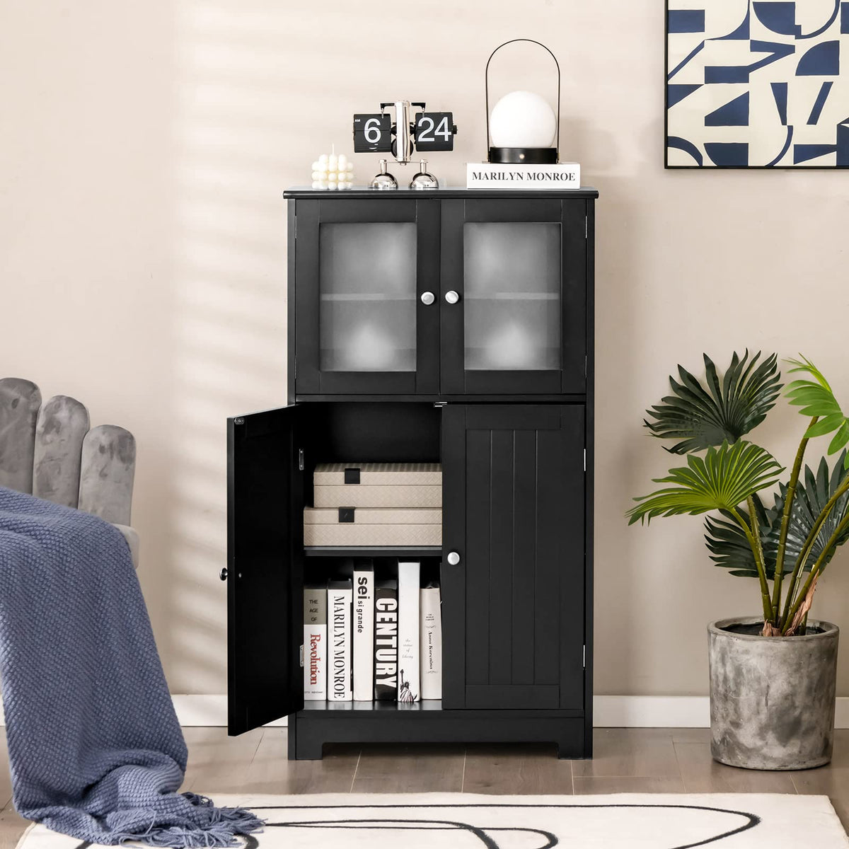 Bathroom Storage Cabinet, Kitchen Pantry Cabinet w/Tempered Glass Doors & Adjustable Shelf