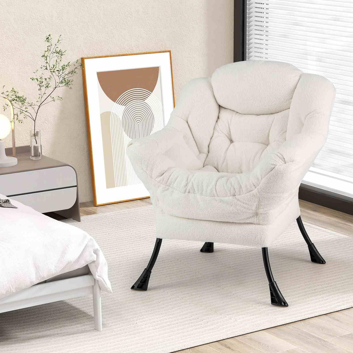 Large Lazy Chair, Sherpa Upholstered Accent Chair with Cozy Head Pillow, Stylish Tufted Back & Seat