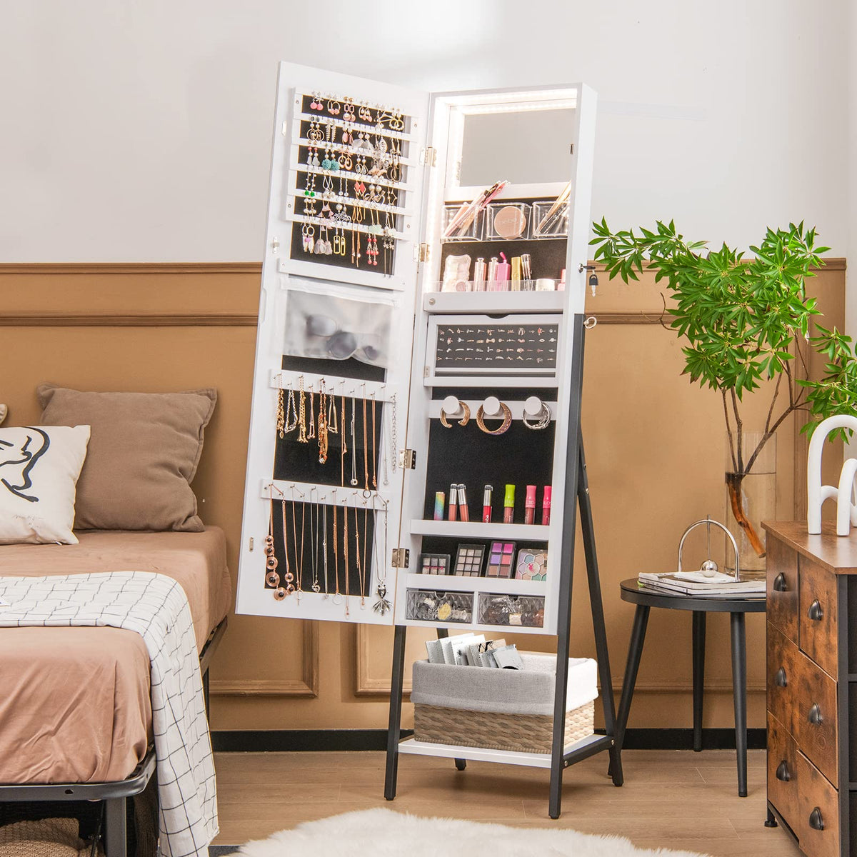 Giantex Freestanding Jewelry Cabinet, Lockable Floor Jewelry Armoire Organizer w/ Full-Length Mirror