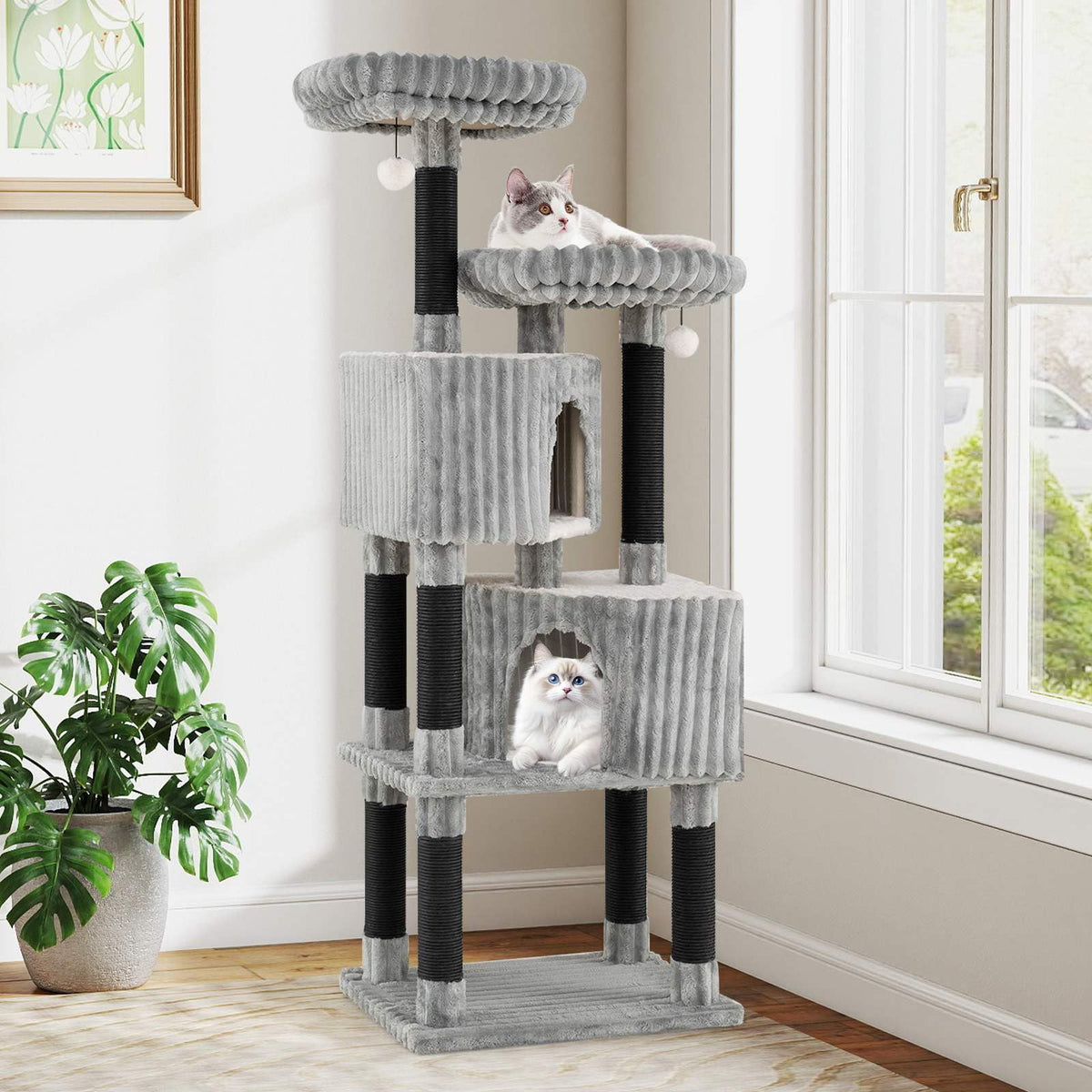 Large Multi-Level Cat Tree, 156 cm Tall Cat Tower w/ 2 Condos