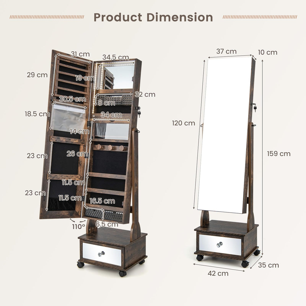 Giantex Standing Jewelry Armoire, Lockable Movable Jewelry Organizer