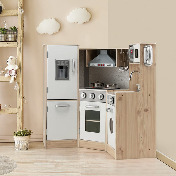 Kids Corner Kitchen Playset, 9-in-1 Wooden Pretend Play Kitchen Toy Set w/Realistic Light & Sound