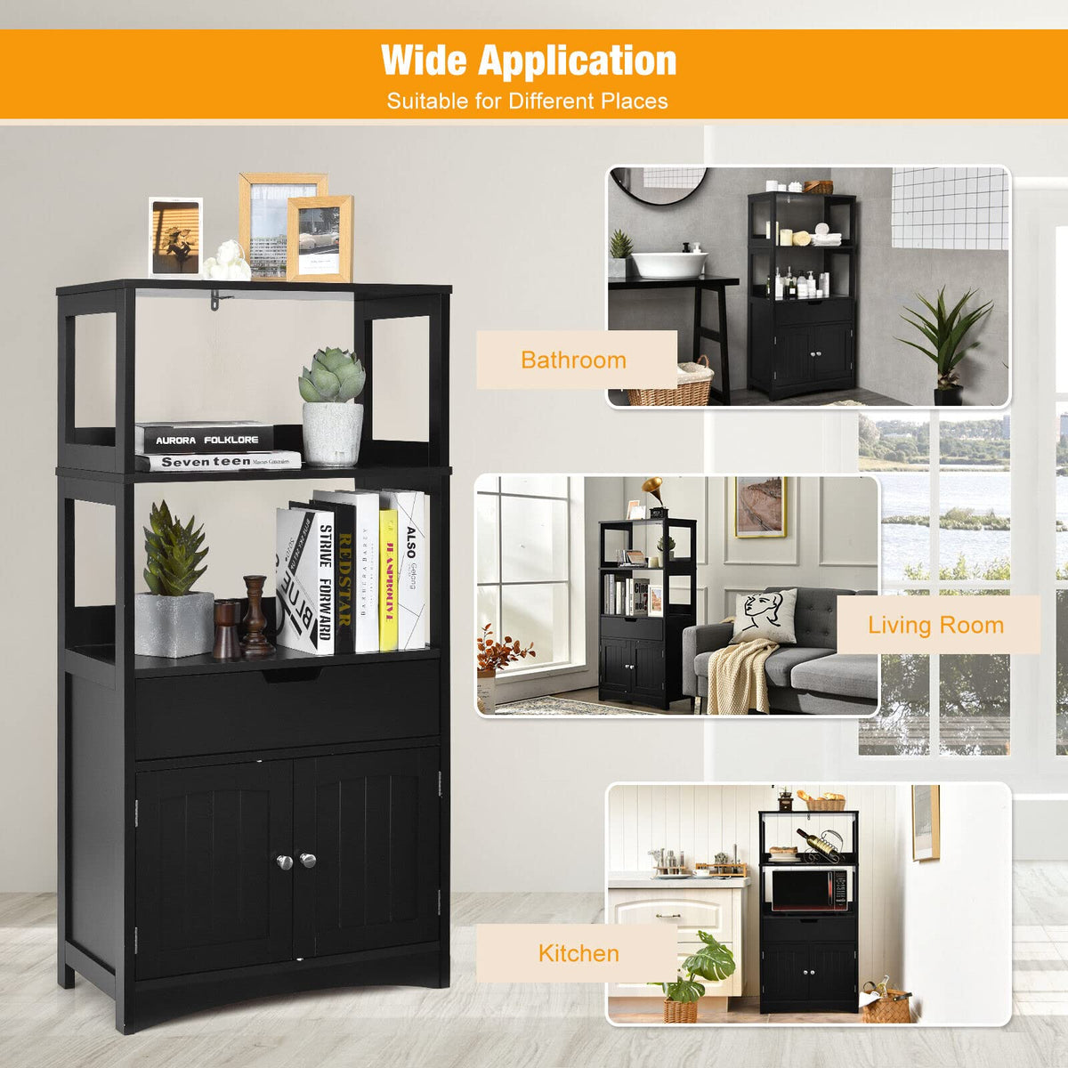 Giantex Floor Storage Cabinet, Freestanding Organizer, Kitchen Pantry Holder w/Anti-Toppling Mechanism, Wooden Entryway Sideboard