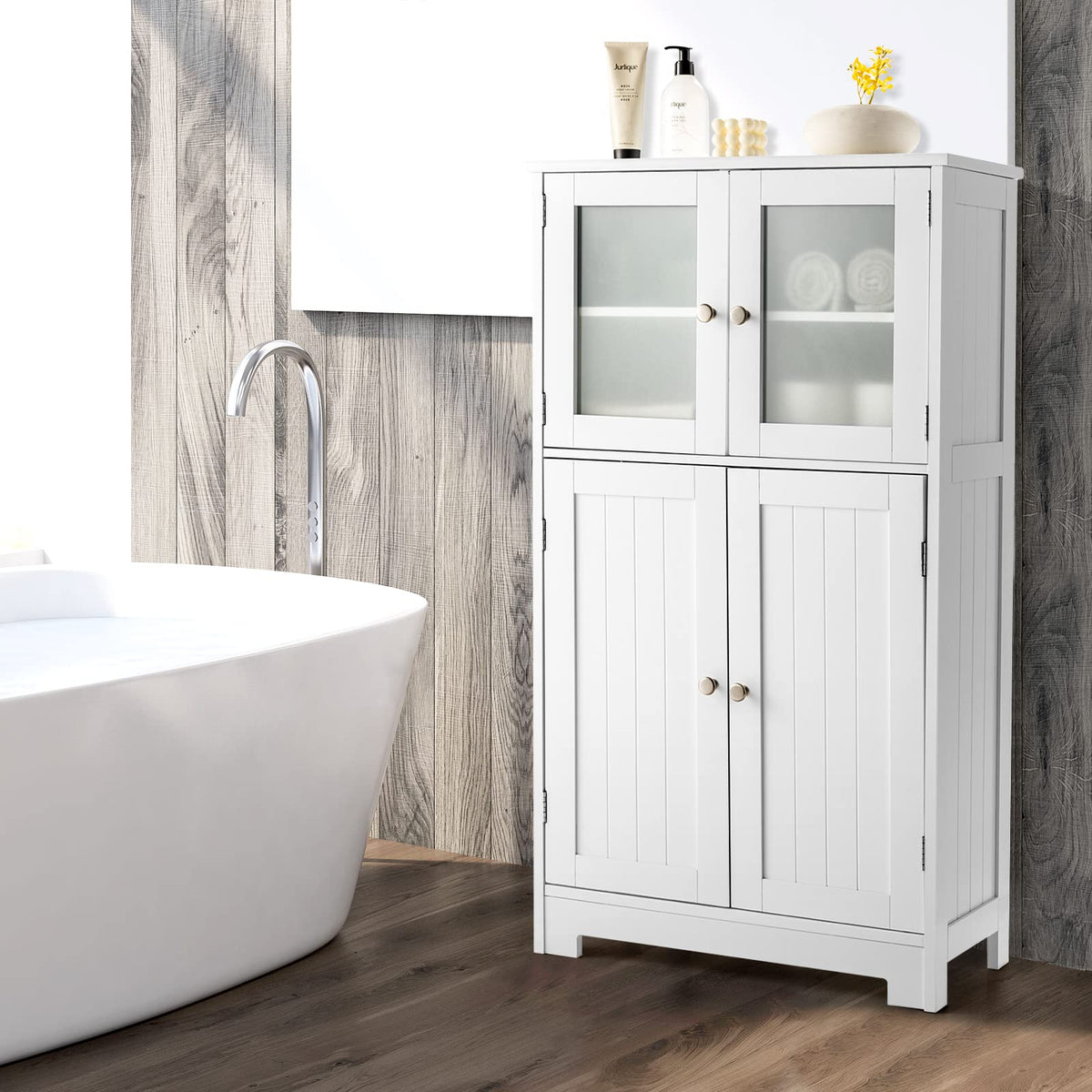 Giantex Bathroom Storage Cabinet, Kitchen Pantry Cabinet w/Tempered Glass Doors & Adjustable Shelf, White