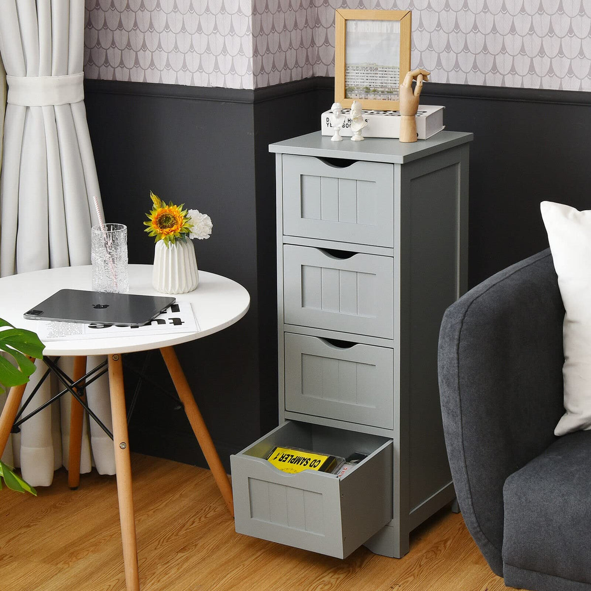 Giantex Bathroom Floor Cabinet, Freestanding Side Storage Cabinet W/ 4 Drawers & Anti-Toppling Device