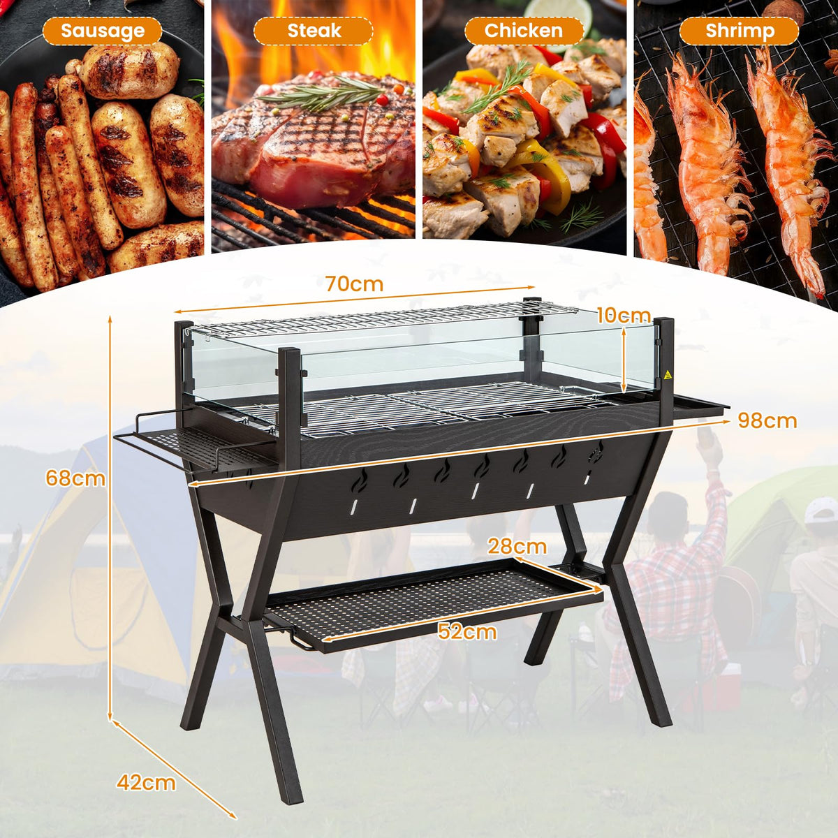 Barbecue Charcoal Grills, Stainless Steel Camping Grill w/Wind Guard