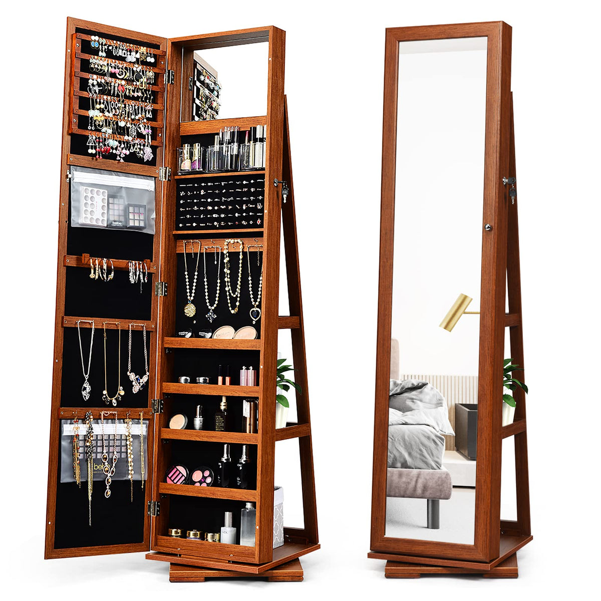 Giantex 360 Rotating Mirrored Jewelry Cabinet, Free Standing Jewelry Armoire, Full Length Mirror