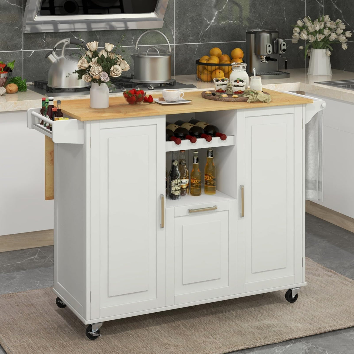 Rolling Kitchen Island Cart, Large Kitchen Island w/Drop-Leaf Countertop & 4 Rotatable Casters