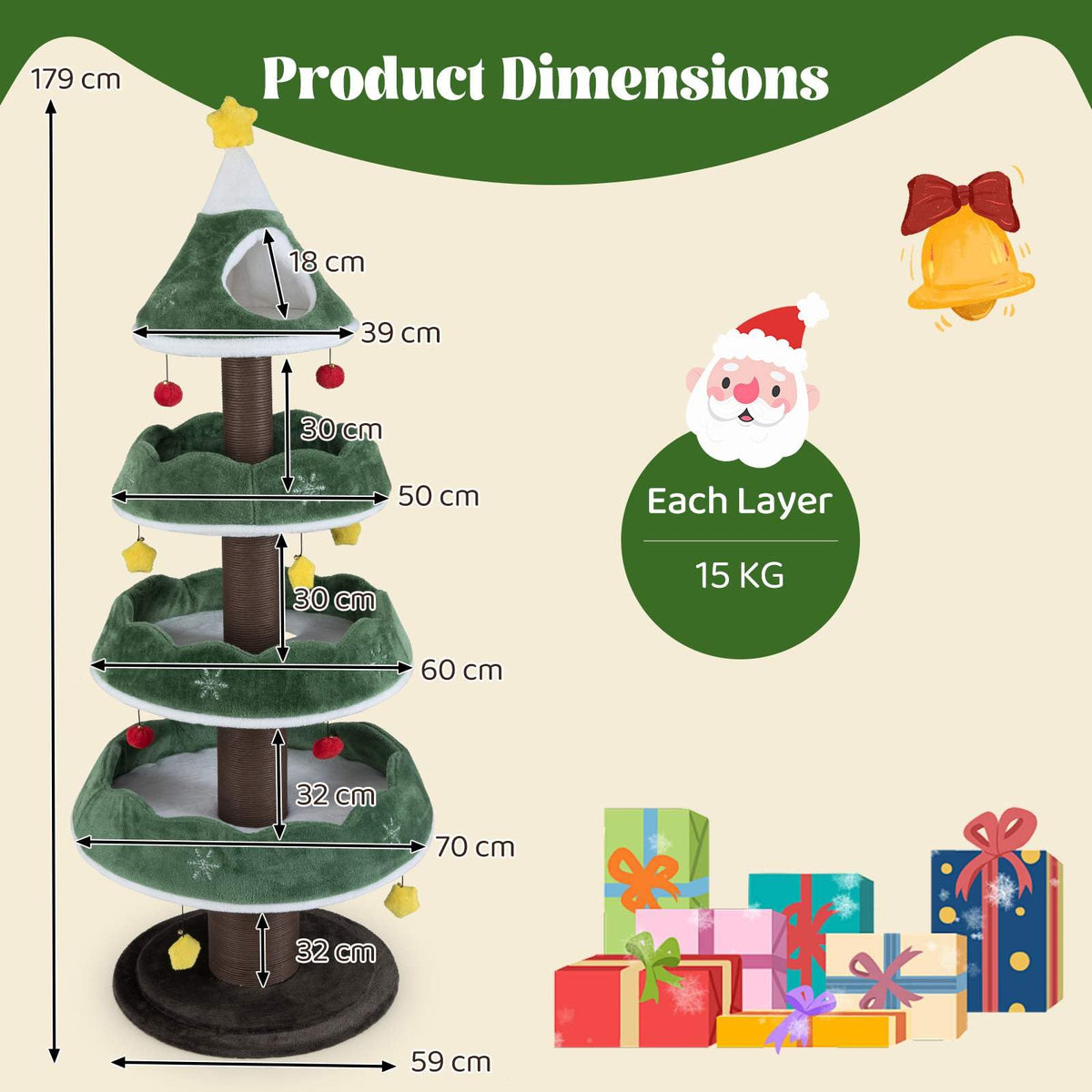 179 CM Tall Christmas Cat Tree, Multi-Level Kitten Tower with 3 Plush Platforms