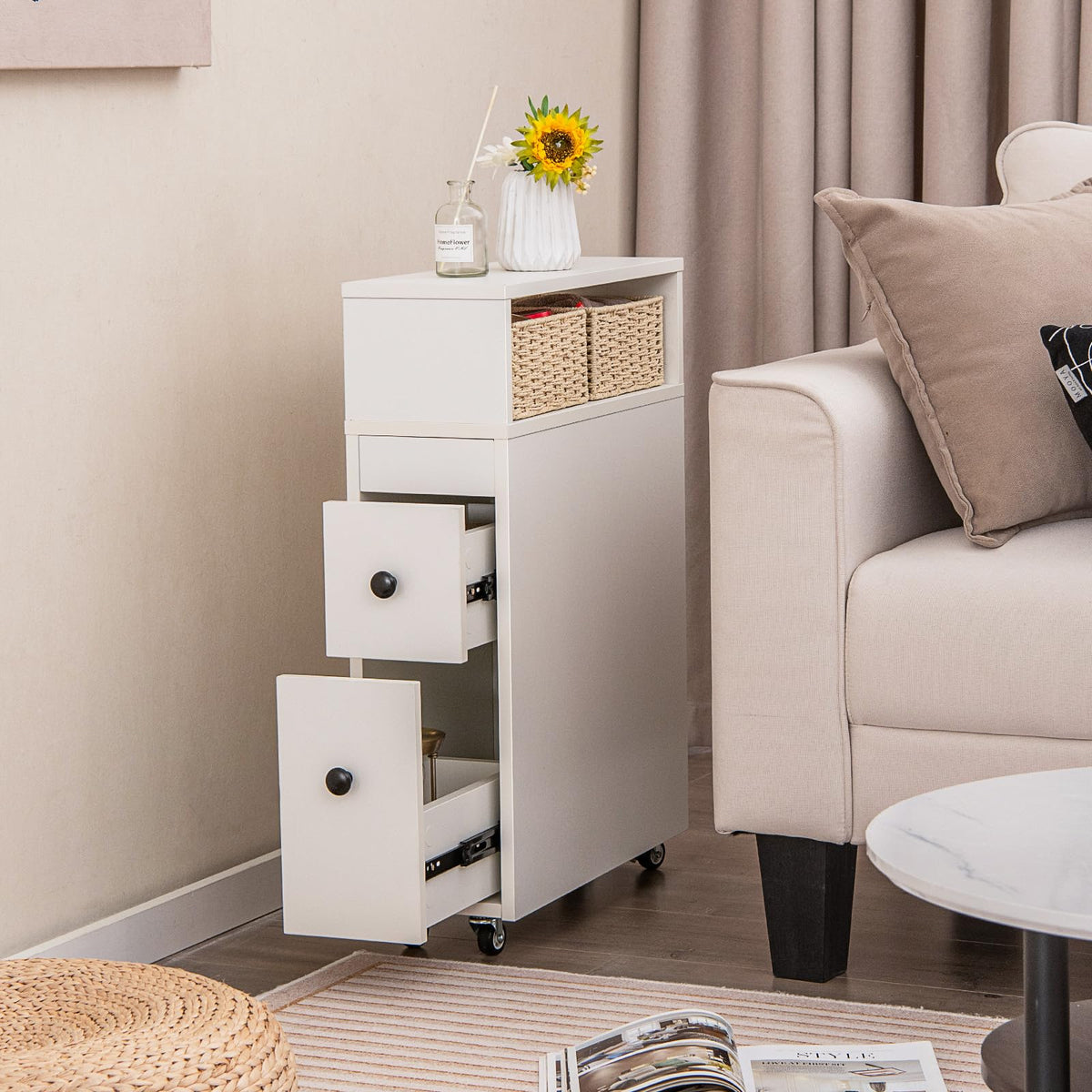 Giantex Movable Bathroom Storage Cabinet, Narrow Toilet Side Cabinet w/ 2 Slide Out Drawers