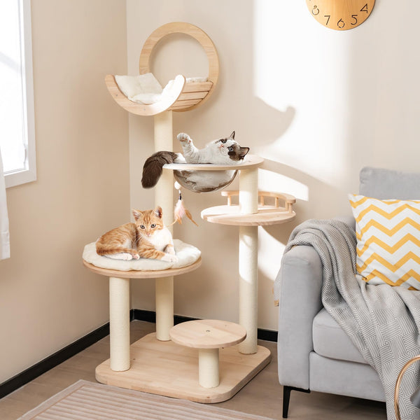 Building Block Cat Tree, 4-in-1 Large Wooden Cat Tower with Space Capsule Nest