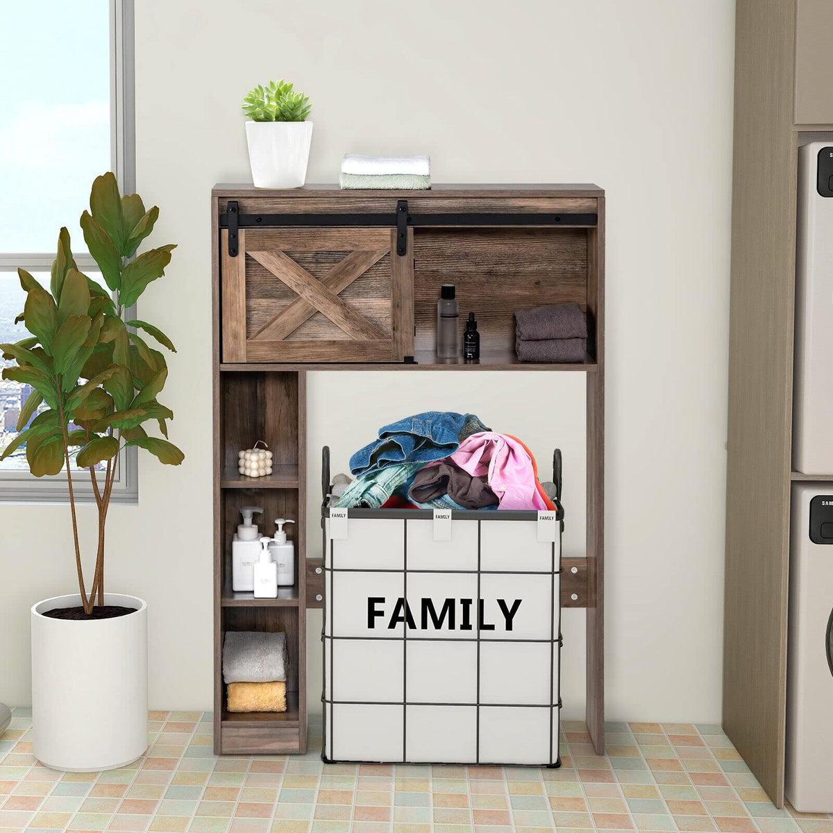 Giantex Over The Toilet Storage Cabinet, Freestanding Bathroom Organizer with Sliding Barn Door & Storage Shelves