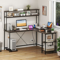 L-Shaped Gaming Desk with LED Strip and Power Outlets