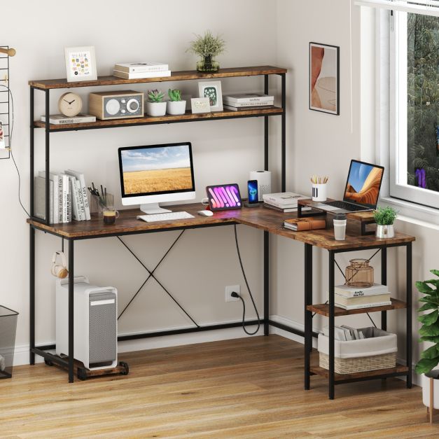 L-Shaped Gaming Desk with LED Strip and Power Outlets