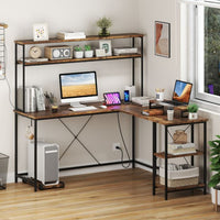 L-Shaped Gaming Desk with LED Strip and Power Outlets