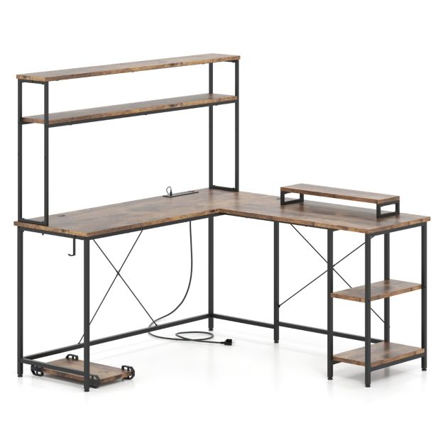 L-Shaped Gaming Desk with LED Strip and Power Outlets