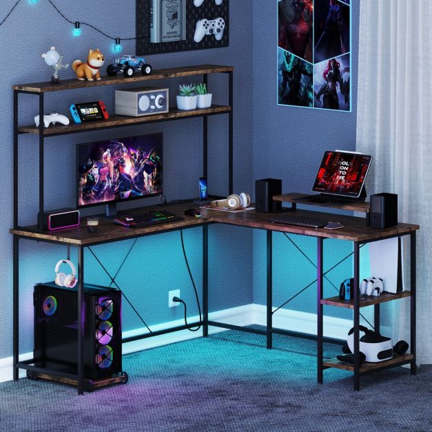 L-Shaped Gaming Desk with LED Strip and Power Outlets