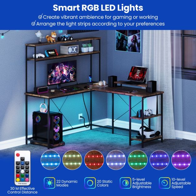L-Shaped Gaming Desk with LED Strip and Power Outlets