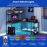 L-Shaped Gaming Desk with LED Strip and Power Outlets