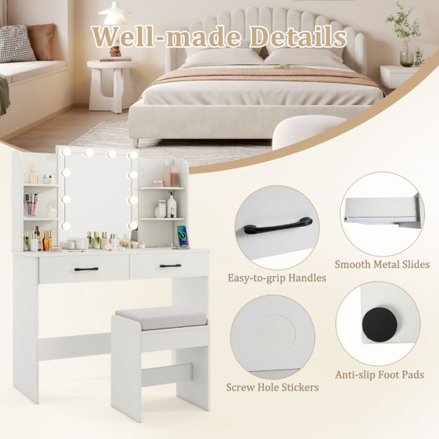 Makeup Vanity Desk with Lighted Mirror and Open Shelves for Bedroom