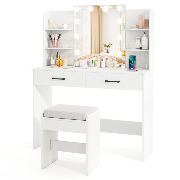 Makeup Vanity Desk with Lighted Mirror and Open Shelves for Bedroom