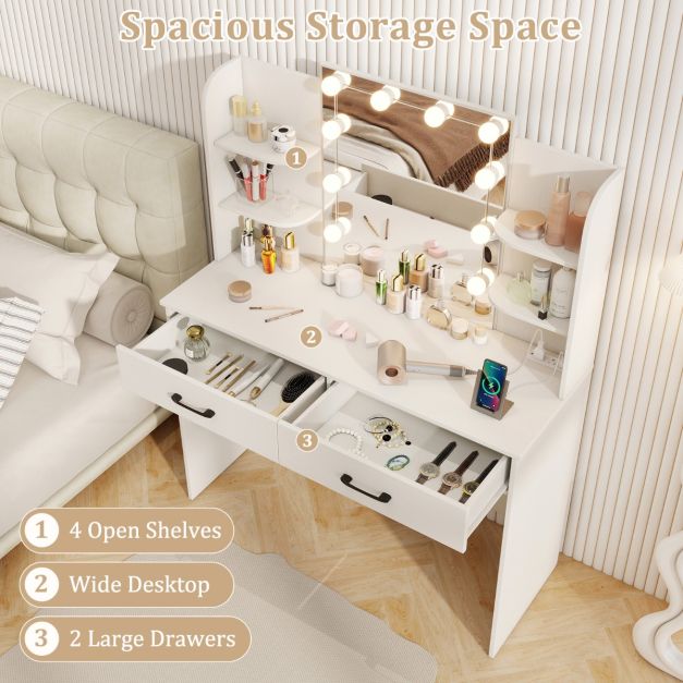 Makeup Vanity Desk with Lighted Mirror and Open Shelves for Bedroom