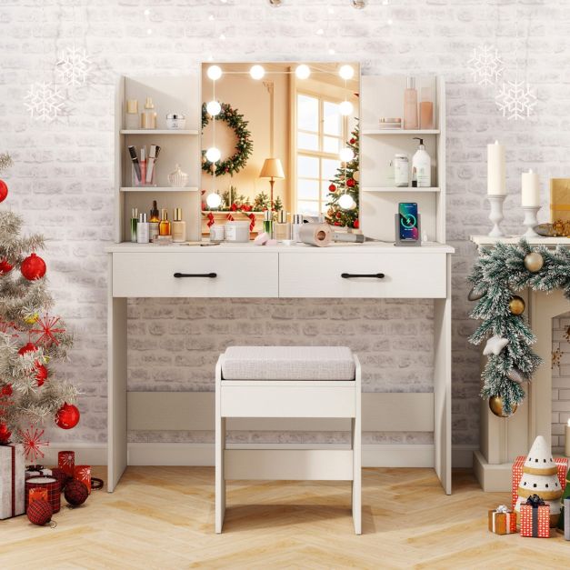 Makeup Vanity Desk with Lighted Mirror and Open Shelves for Bedroom