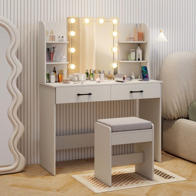 Makeup Vanity Desk with Lighted Mirror and Open Shelves for Bedroom