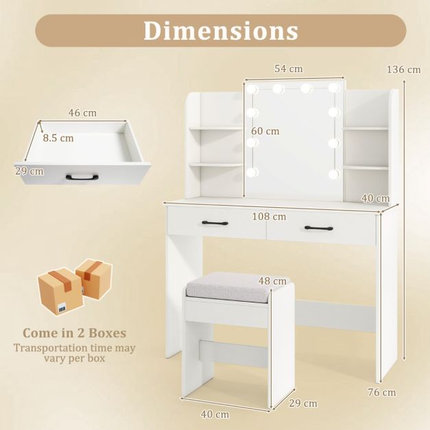 Makeup Vanity Desk with Lighted Mirror and Open Shelves for Bedroom