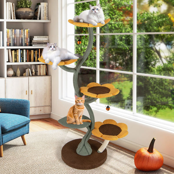 Multi-layer Cat Tower Sunflower Style Cat Tree with 4 Flower-shaped Platforms