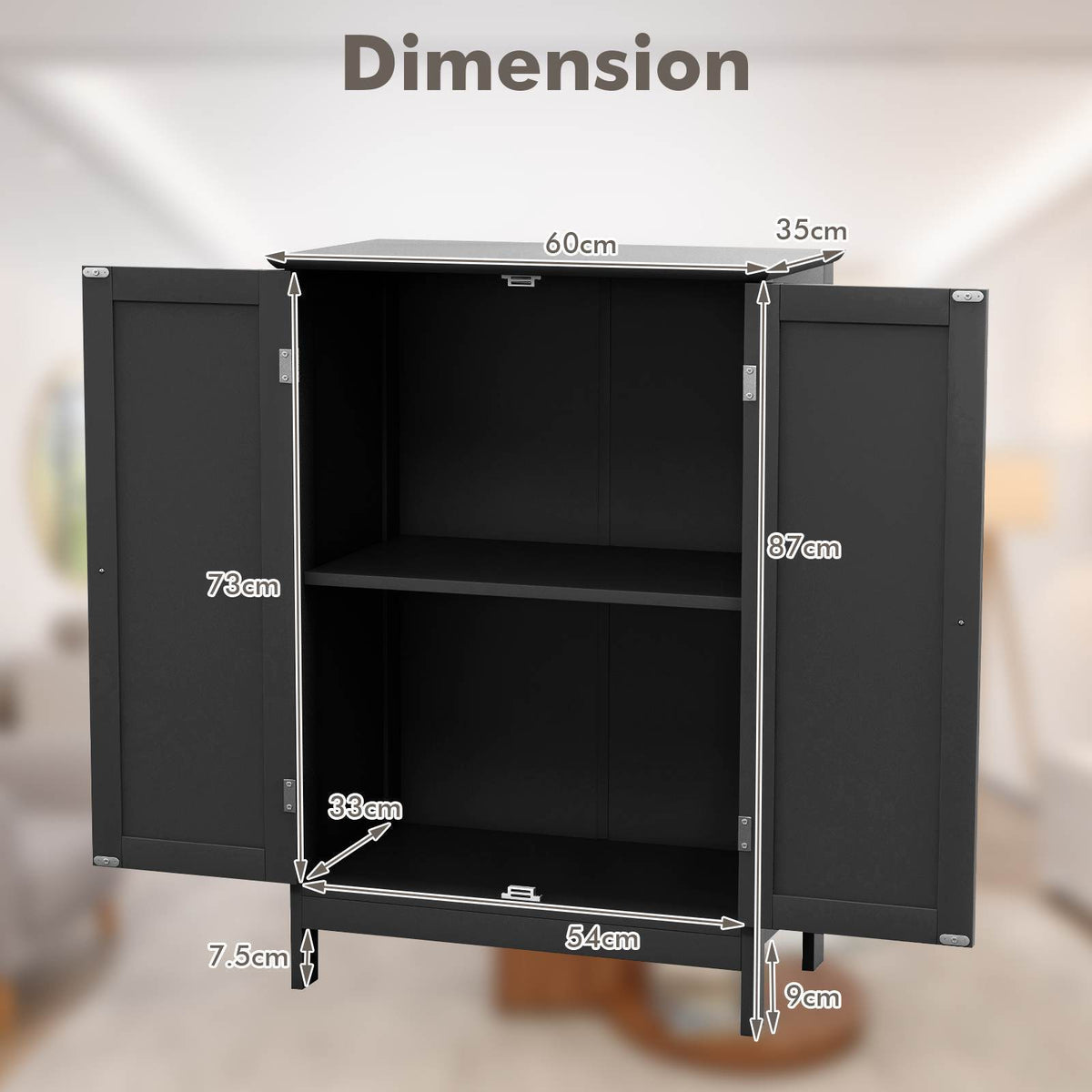Bathroom Storage Cabinet 3-Tier Floor Cabinet w/ Double Doors Adjustable Shelf