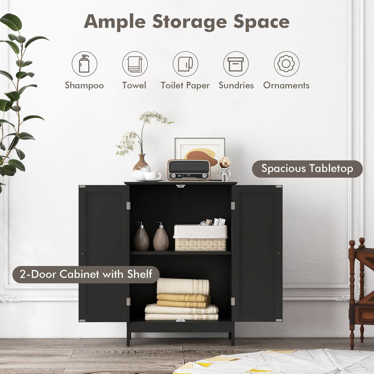 Bathroom Storage Cabinet 3-Tier Floor Cabinet w/ Double Doors Adjustable Shelf