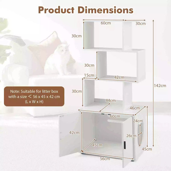 142 cm Tall 2-in-1 Cat Litter Box Enclosure w/Storage Pet House Corner Bookshelf