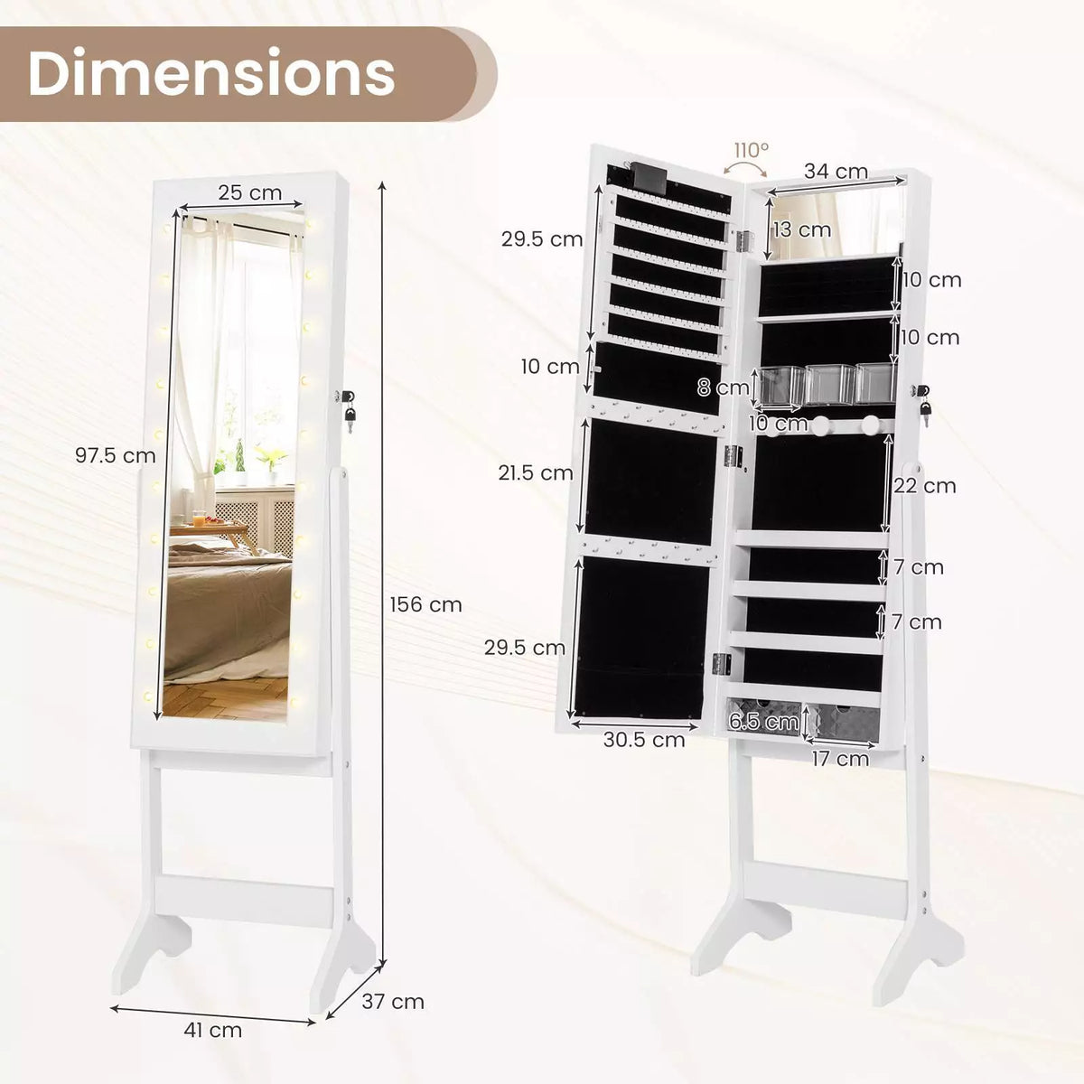 Mirror Jewelry Cabinet Standing Jewelry Armoire Organizer w/ Full Length Mirror