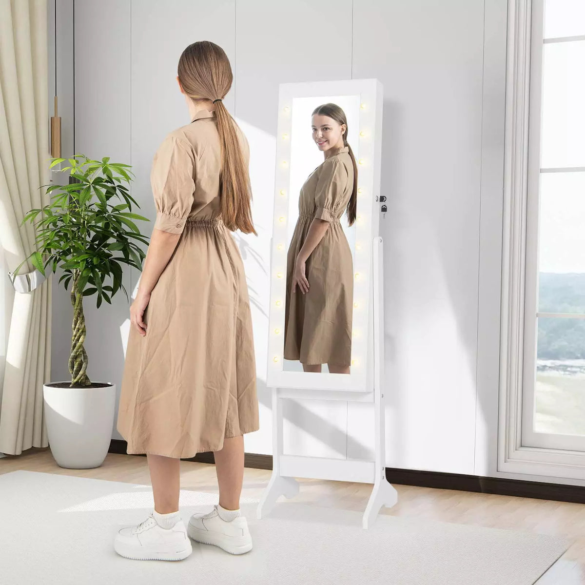 Mirror Jewelry Cabinet Standing Jewelry Armoire Organizer w/ Full Length Mirror