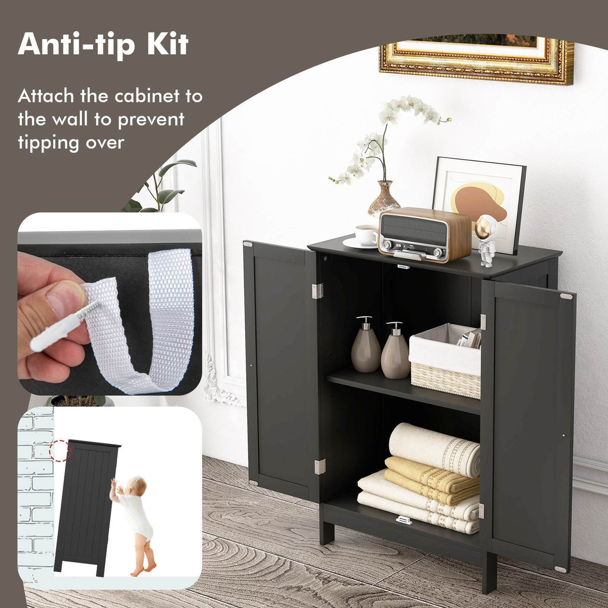 Bathroom Storage Cabinet 3-Tier Floor Cabinet w/ Double Doors Adjustable Shelf