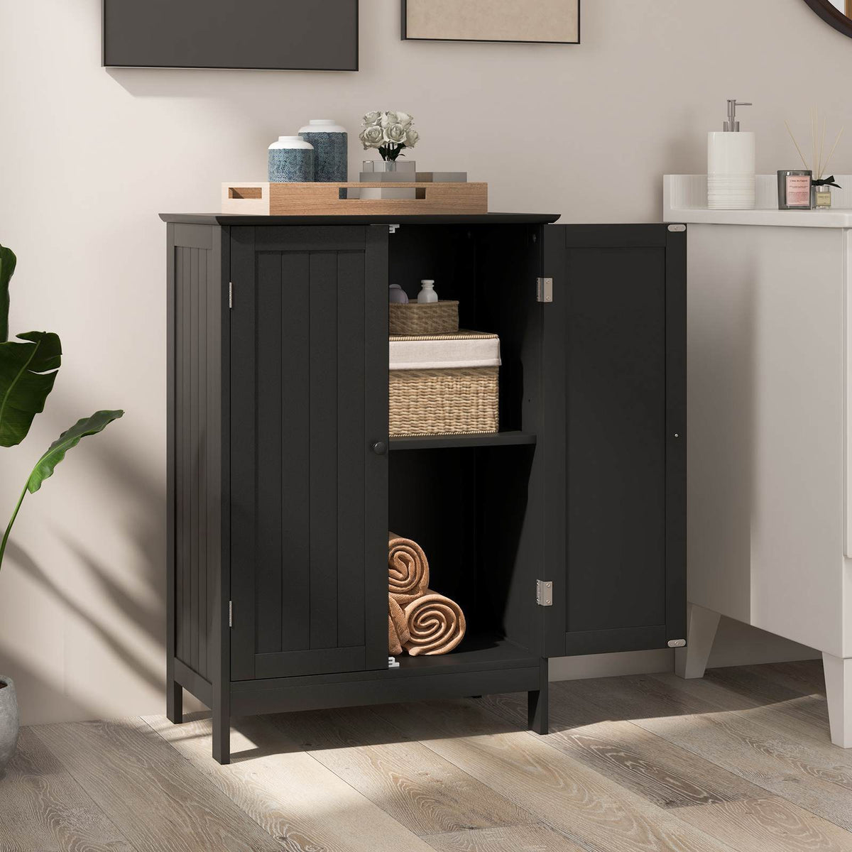 Bathroom Storage Cabinet 3-Tier Floor Cabinet w/ Double Doors Adjustable Shelf