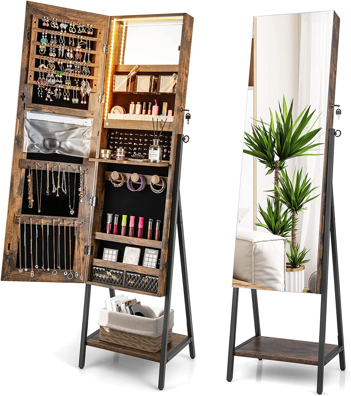 Giantex Freestanding Jewelry Cabinet, Lockable Floor Jewelry Armoire Organizer w/ Full-Length Mirror