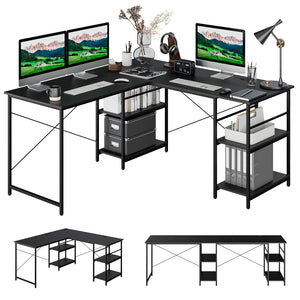 Giantex L-Shaped Desk with Storage Shelves, 242cm Wooden Corner Desk