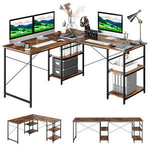 Giantex L-Shaped Desk with Storage Shelves, 242cm Wooden Corner Desk