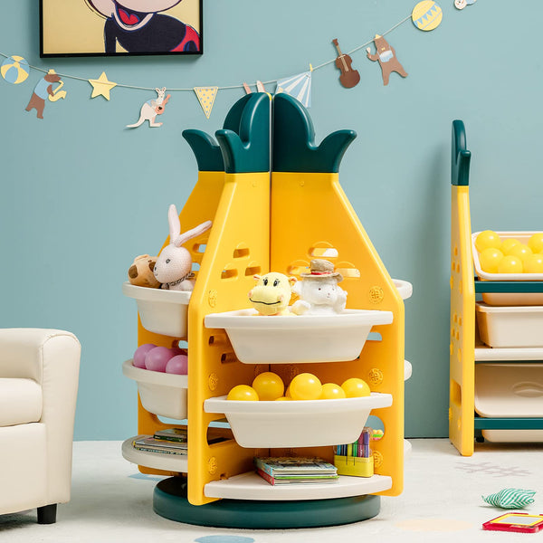 Kids Rotating Toy Storage Organizer, 3-Tier Pineapple Toy Shelf Bookcase w/ 8 Plastic Bins & 4 Shelves, 360°Revolving, Yellow & Green & White